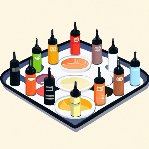 1. תמונה המציגה מגוון רטבים המוצגים בצורה מסודרת על צלחת באמצעות בקבוק לחץ.